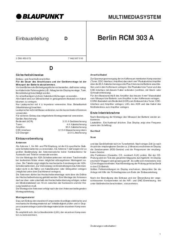 Mode d'emploi BLAUPUNKT BERLIN RCM 303A