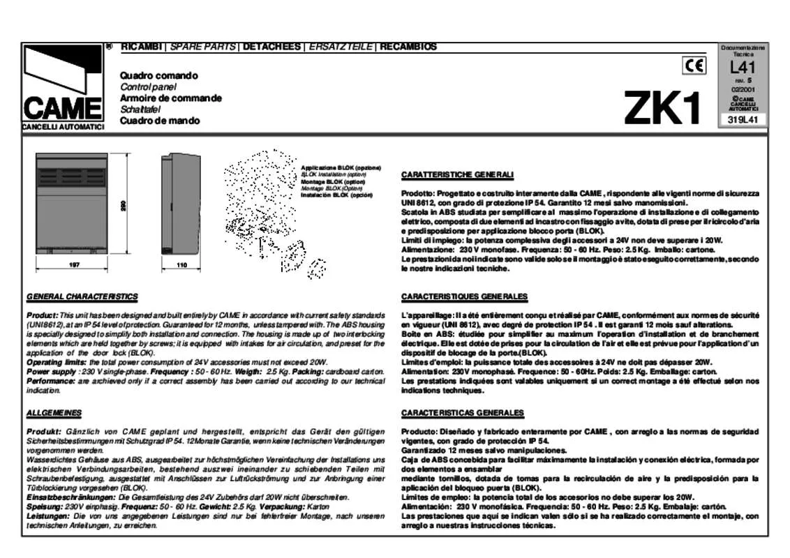 Mode d'emploi CAME ZK1