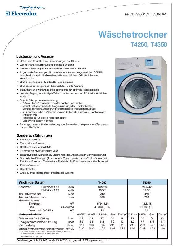Mode d'emploi ELECTROLUX LAUNDRY SYSTEMS T4350