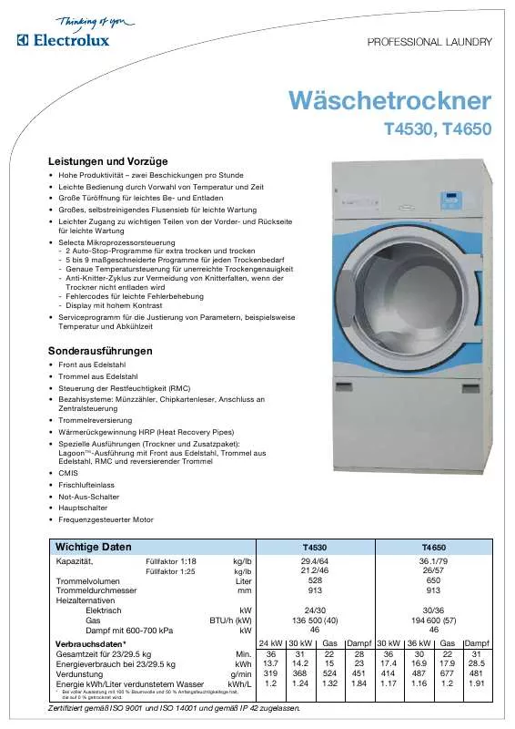 Mode d'emploi ELECTROLUX LAUNDRY SYSTEMS T4530