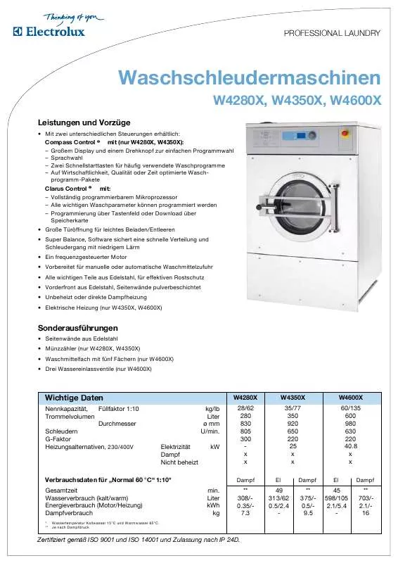 Mode d'emploi ELECTROLUX LAUNDRY SYSTEMS W4350X
