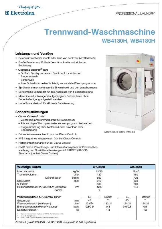 Mode d'emploi ELECTROLUX LAUNDRY SYSTEMS WB4180H