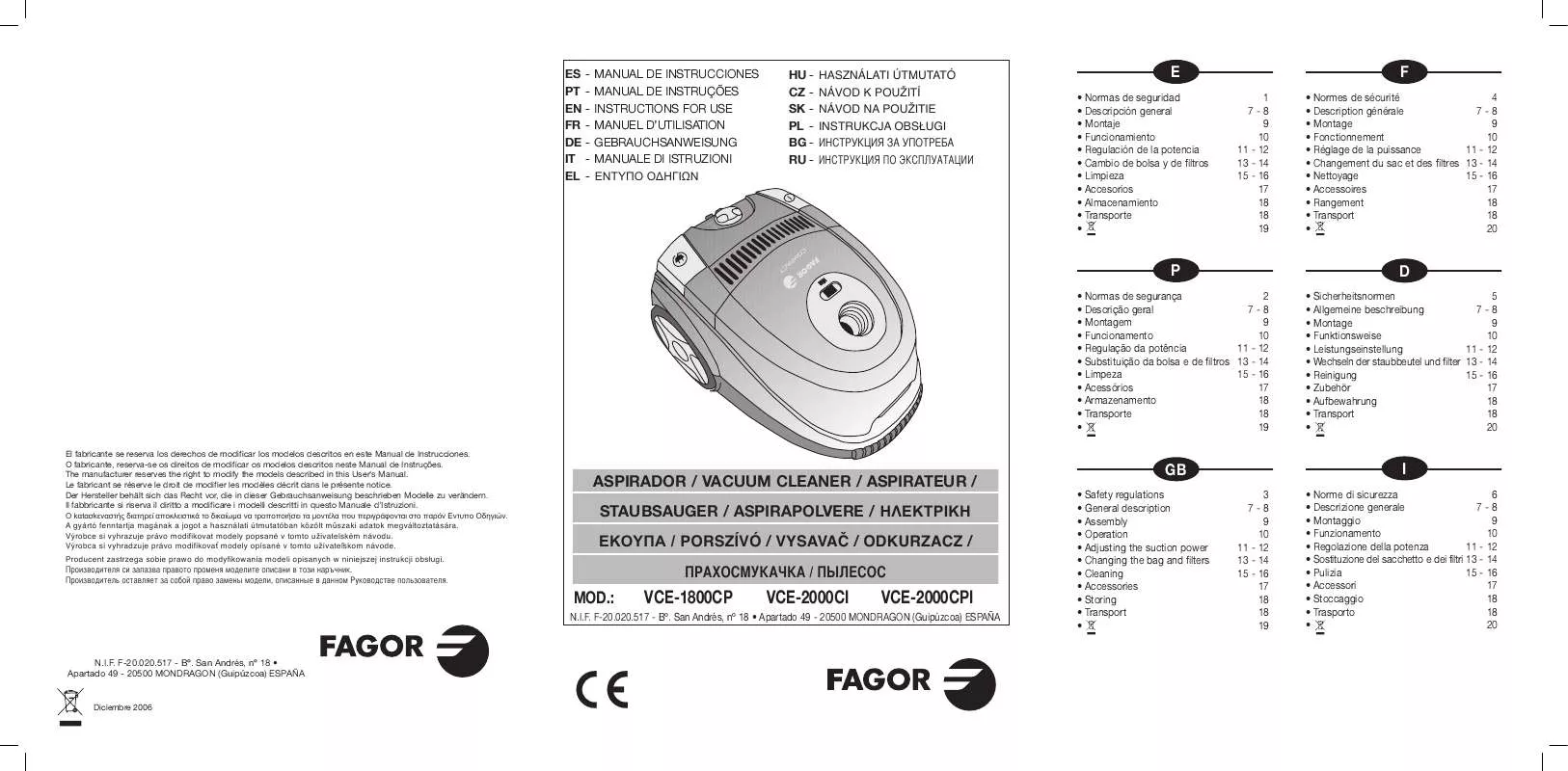 Mode d'emploi FAGOR VCE-2000CI