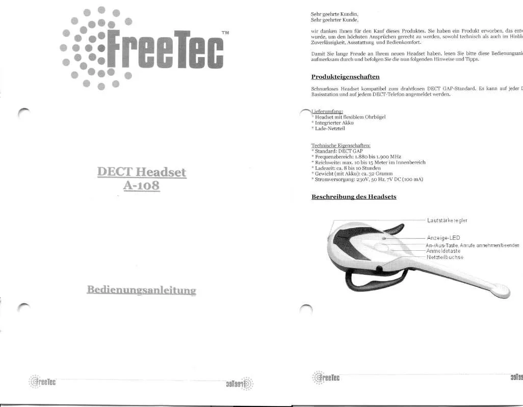 Mode d'emploi FREETEC DECT HEADSET A-108