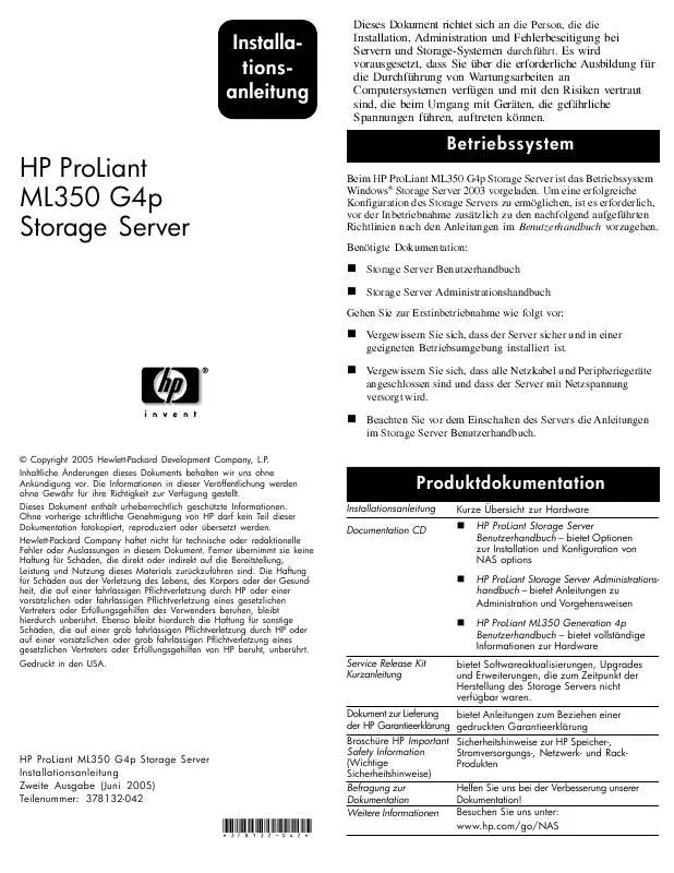 Mode d'emploi HP PROLIANT ML350 G4P STORAGE SERVER