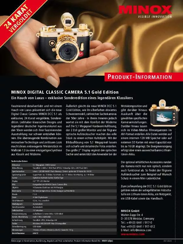 Mode d'emploi MINOX DIGITAL CLASSIC CAMERA 5.1 GOLD EDITION