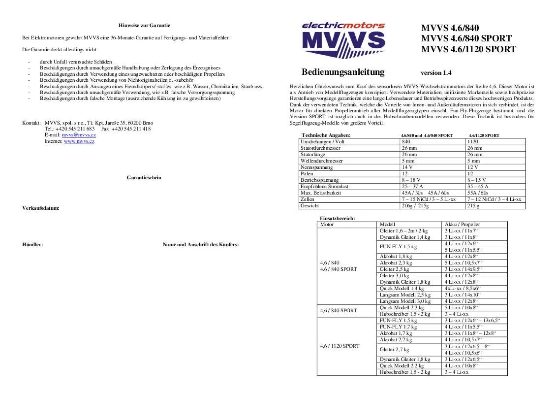 Mode d'emploi MVVS 4.6-840 SPORT