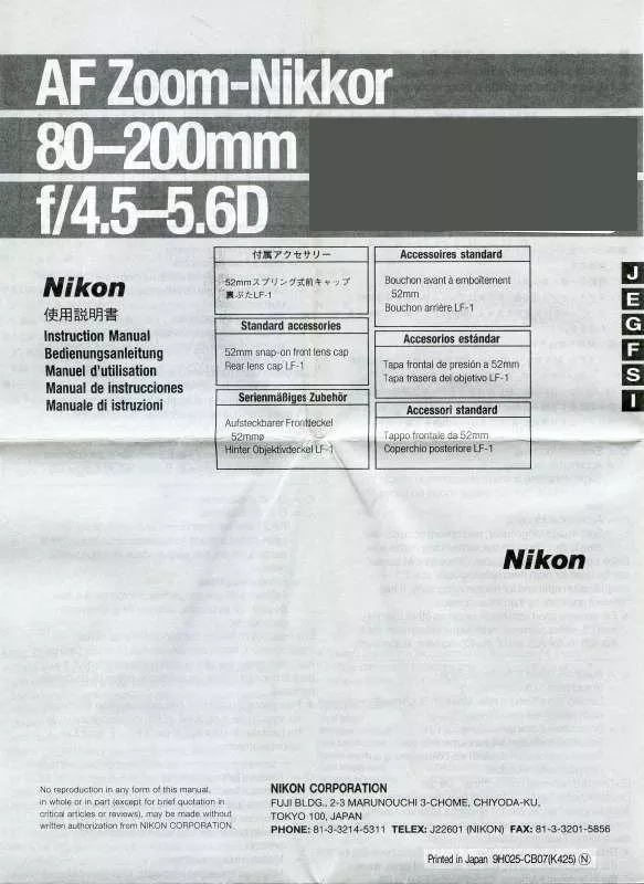 Mode d'emploi NIKON AF ZOOM-NIKKOR 80-200MM F-4.5-5.6D