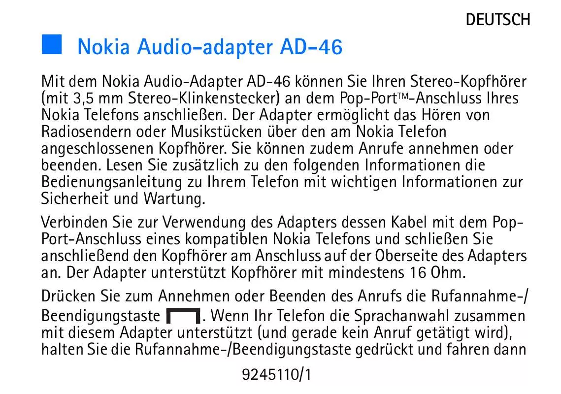 Mode d'emploi NOKIA AUDIO ADAPTER AD-46