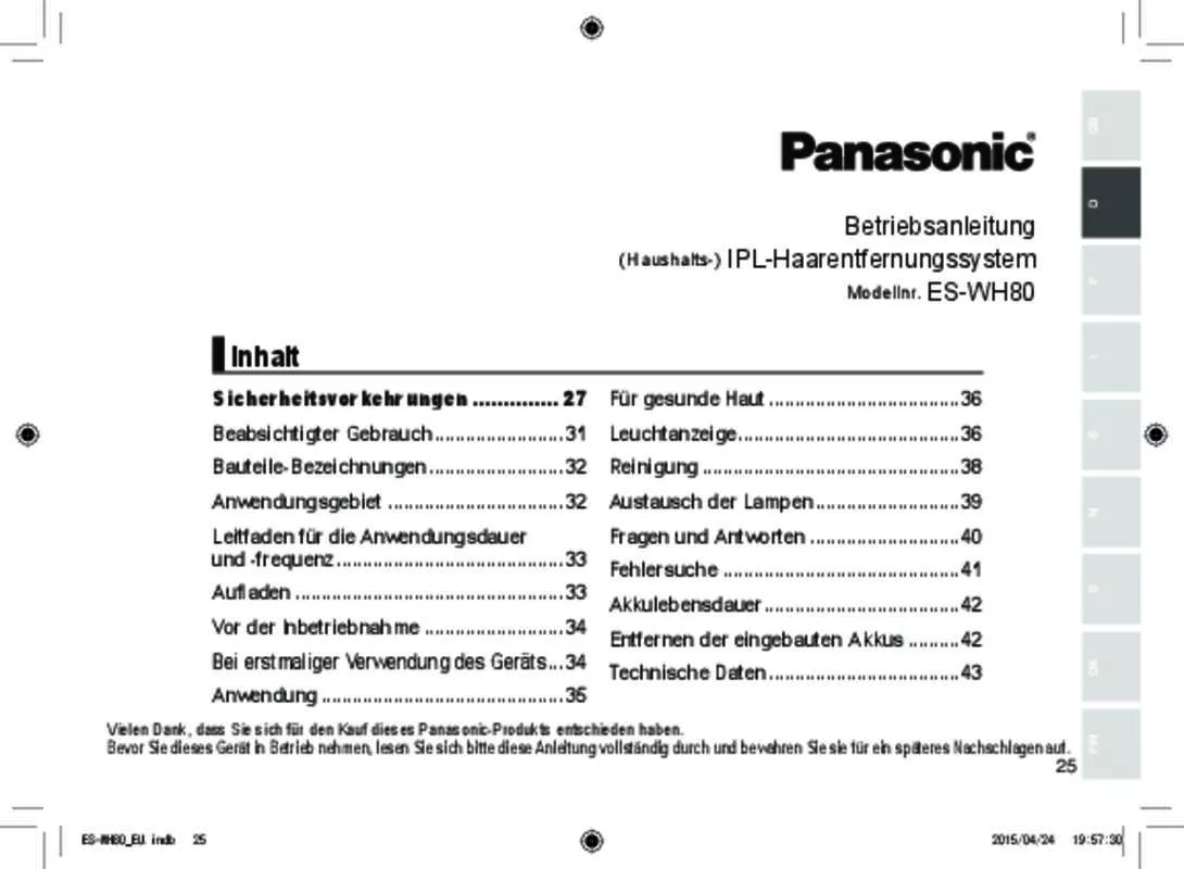 Mode d'emploi PANASONIC ESWH80
