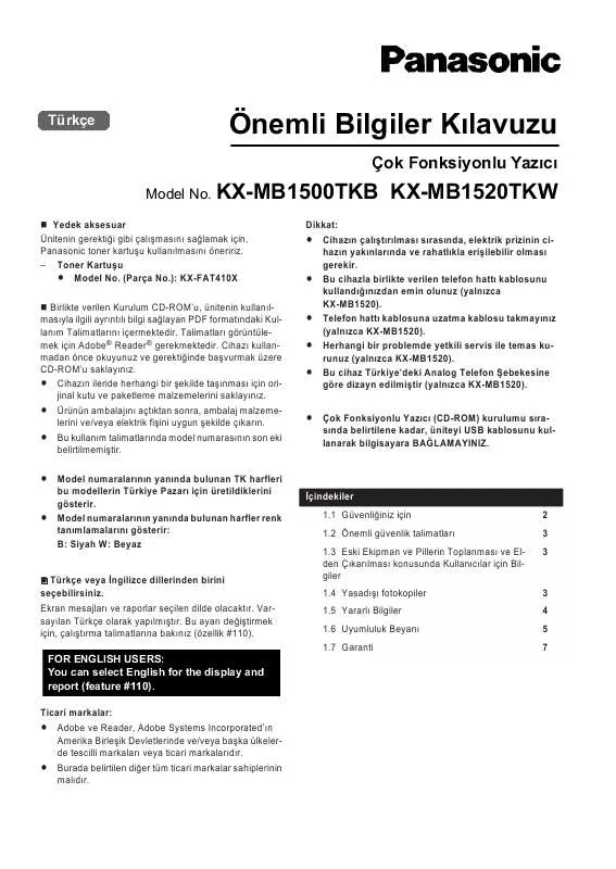 Mode d'emploi PANASONIC KXMB1500TKB