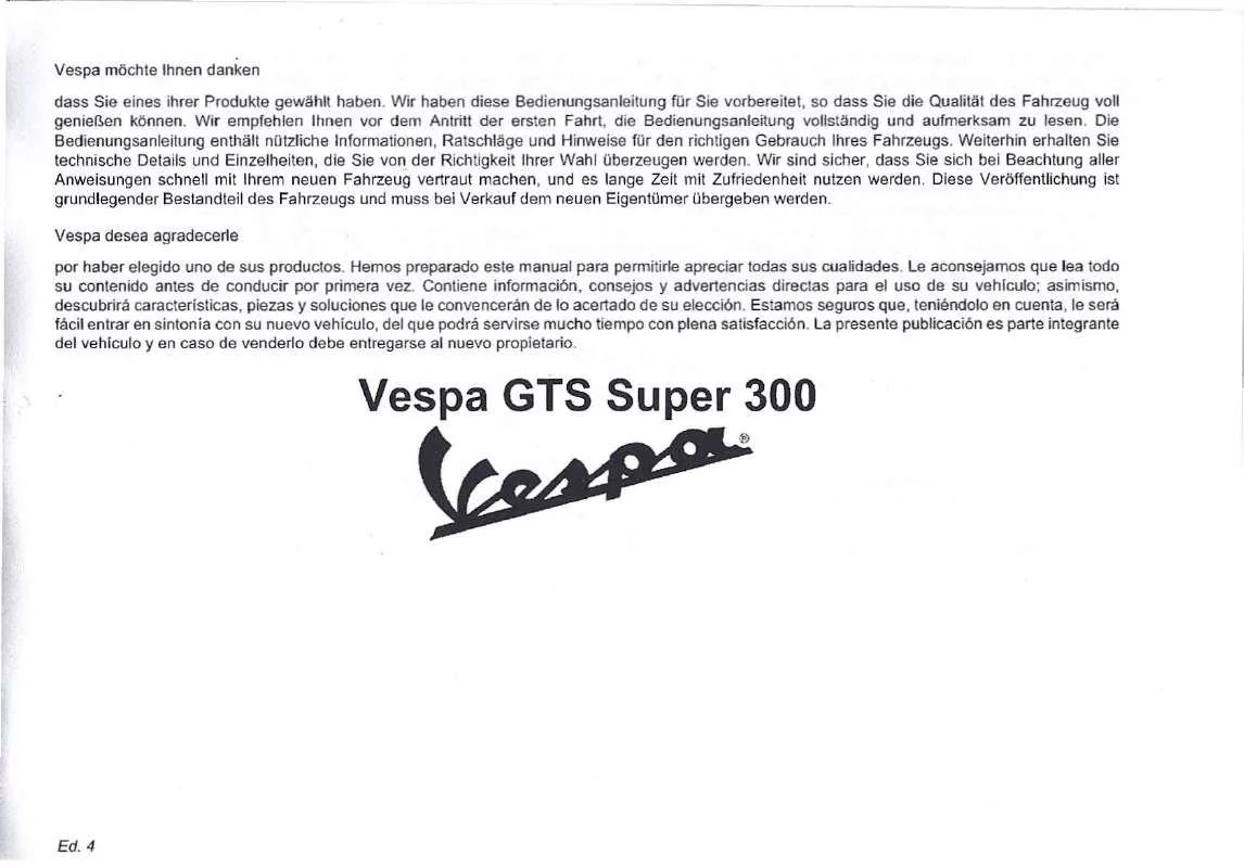 Mode d'emploi PIAGGIO VESPA GTS SUPER 300