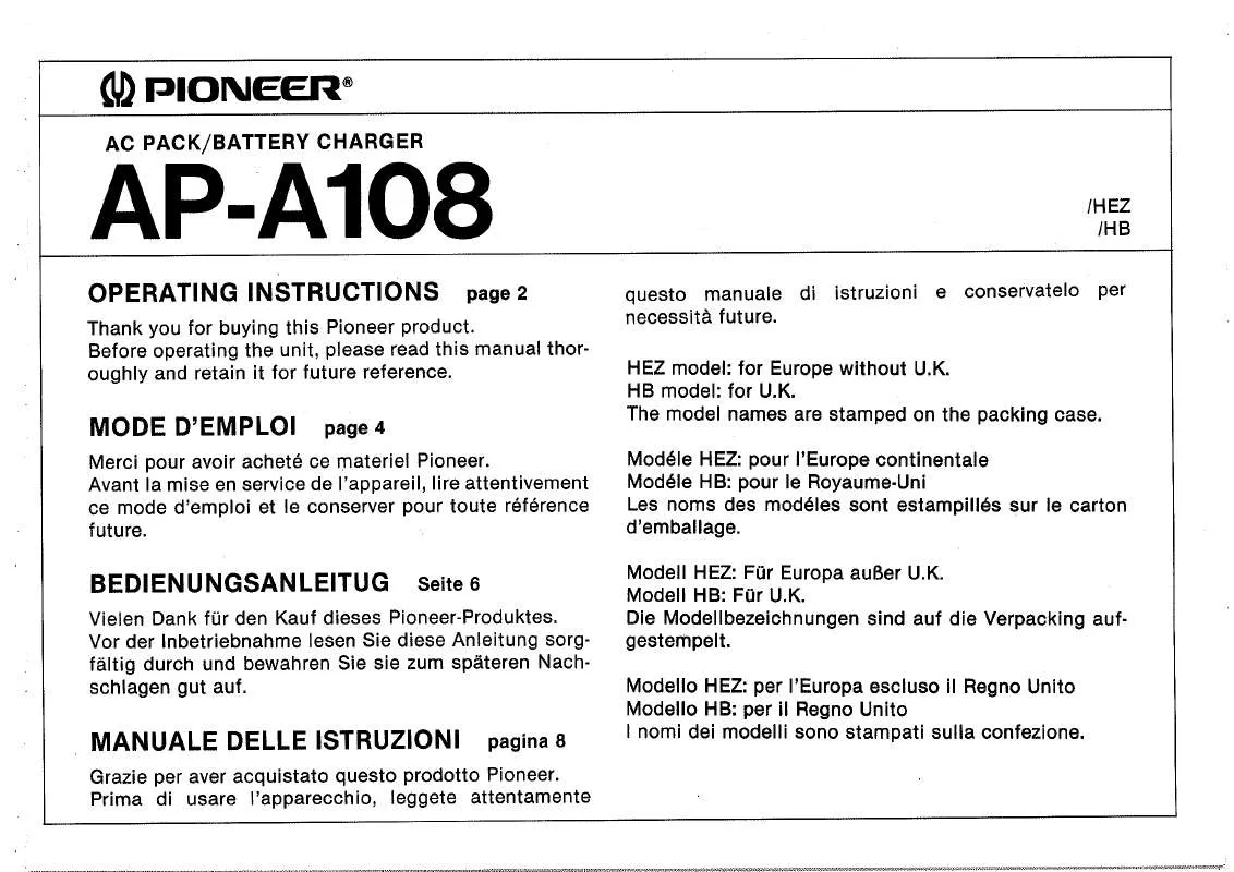 Mode d'emploi PIONEER AP-A108
