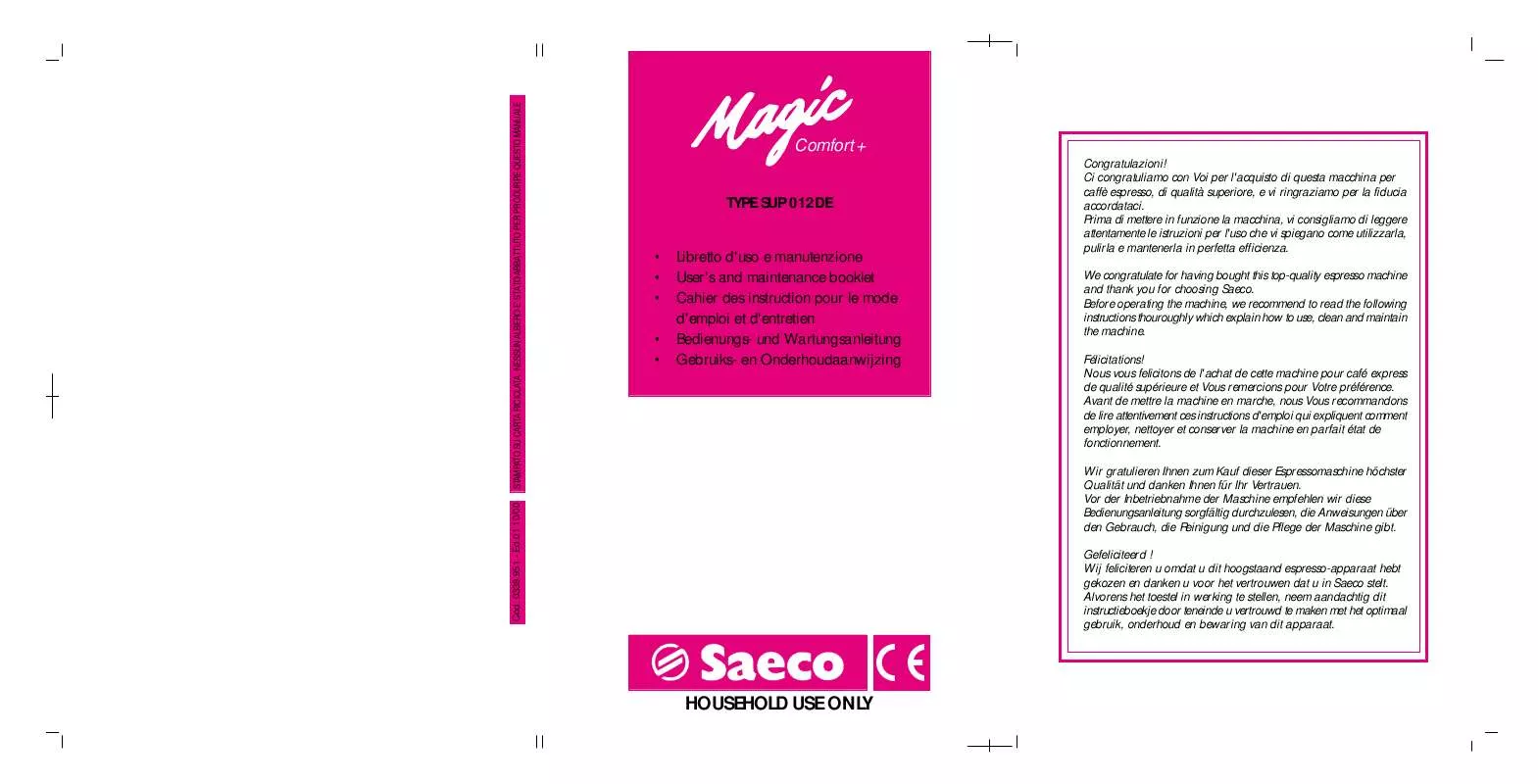 Mode d'emploi SAECO MAGIC COMFORT+ TYPE SUP 012DE