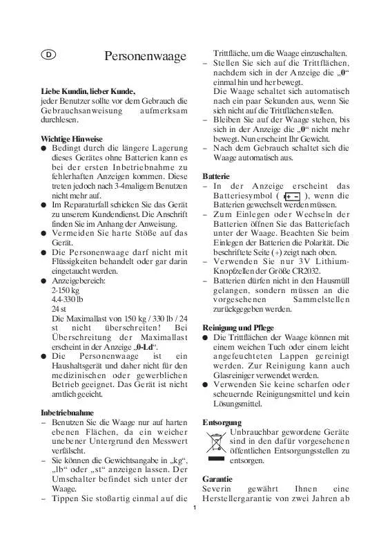 Mode d'emploi SEVERIN GLASWAAGE PW 7003