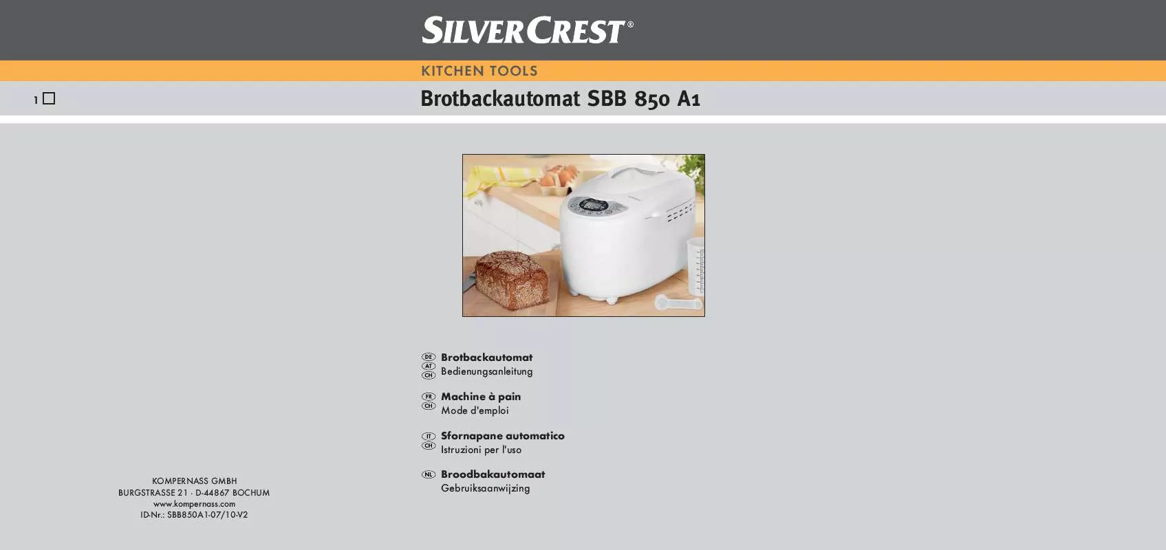 Mode d'emploi SILVERCREST SBB 850 A1 BREAD MAKER