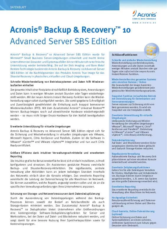 Mode d'emploi ACRONIS BACKUP AND RECOVERY 10 ADVANCED SERVER SBS EDITION