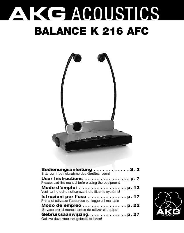 Mode d'emploi AKG BALANCE K 216 AFC