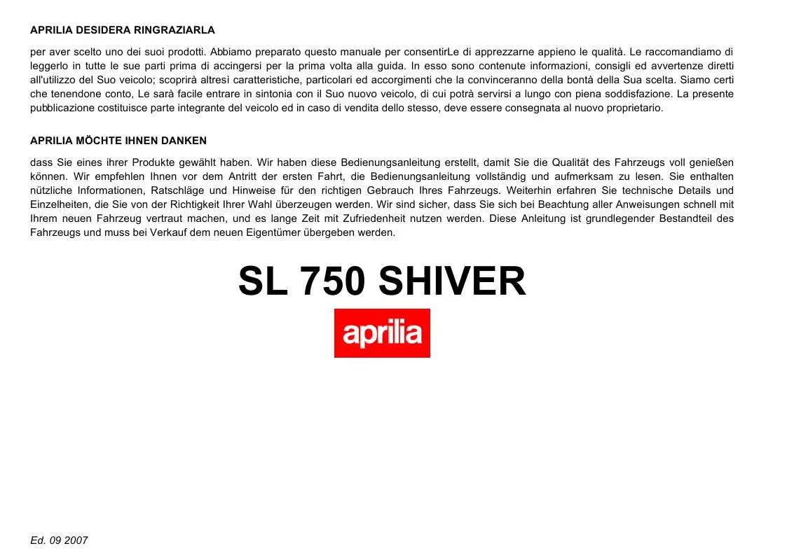 Mode d'emploi APRILIA SL 750 SHIVER