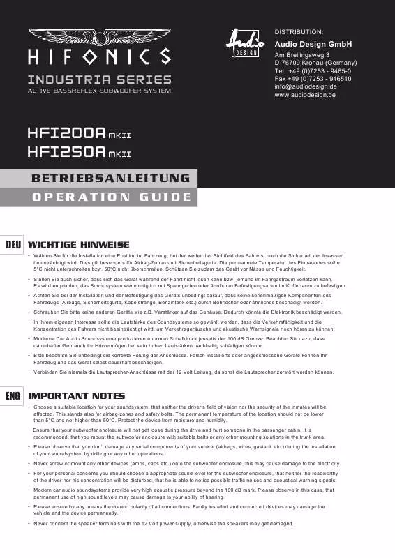 Mode d'emploi AUDIO DESIGN HIFONICS HFI200A MKII