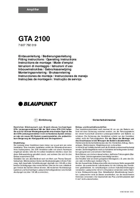 Mode d'emploi BLAUPUNKT GTA 2100