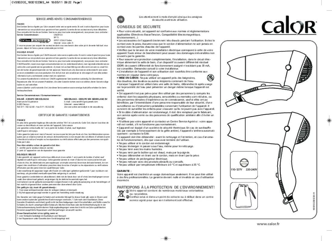 Mode d'emploi CALOR CV3502C0 NOMAD