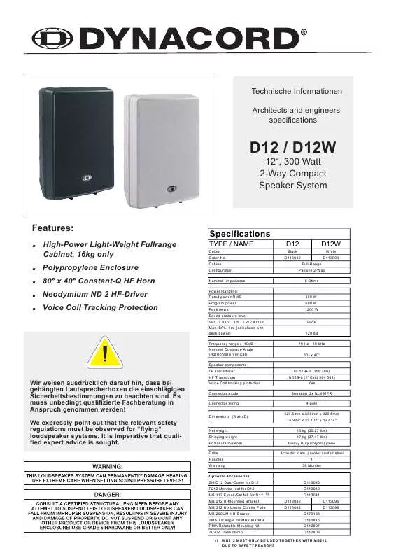 Mode d'emploi DYNACORD D12W