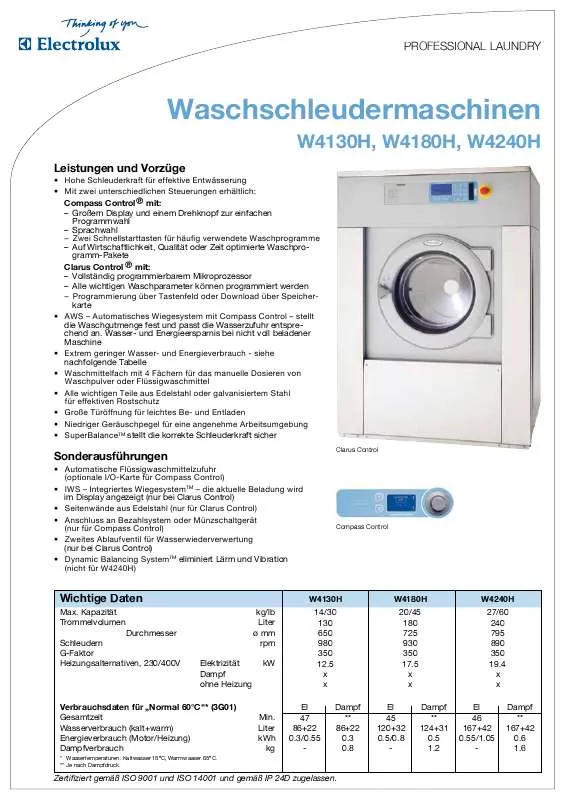 Mode d'emploi ELECTROLUX LAUNDRY SYSTEMS W4240H