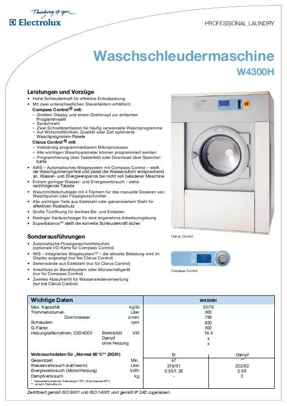 Mode d'emploi ELECTROLUX LAUNDRY SYSTEMS W4300H