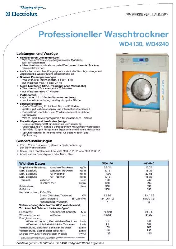 Mode d'emploi ELECTROLUX LAUNDRY SYSTEMS WD4240