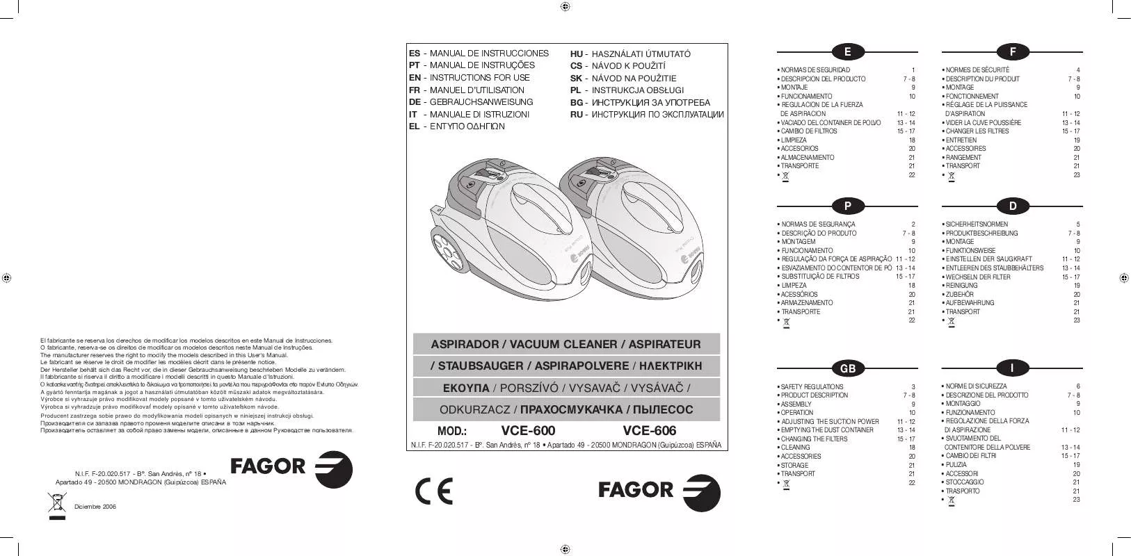 Mode d'emploi FAGOR VCE-606