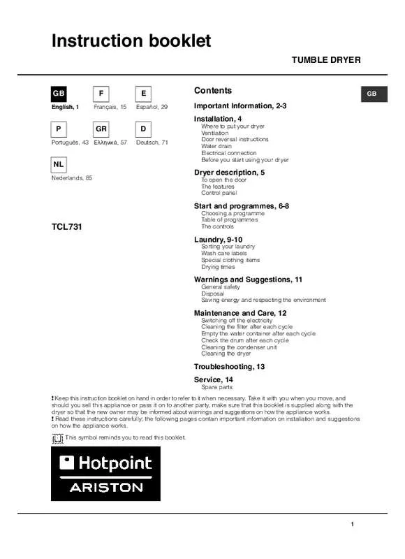 Mode d'emploi HOTPOINT TCL731EU/HA