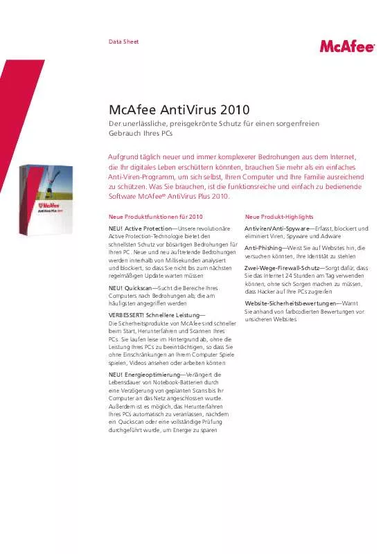 Mode d'emploi MCAFEE ANTIVIRUS 2010