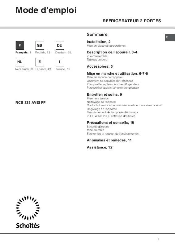 Mode d'emploi SCHOLTES RCB 333 AVEI FF