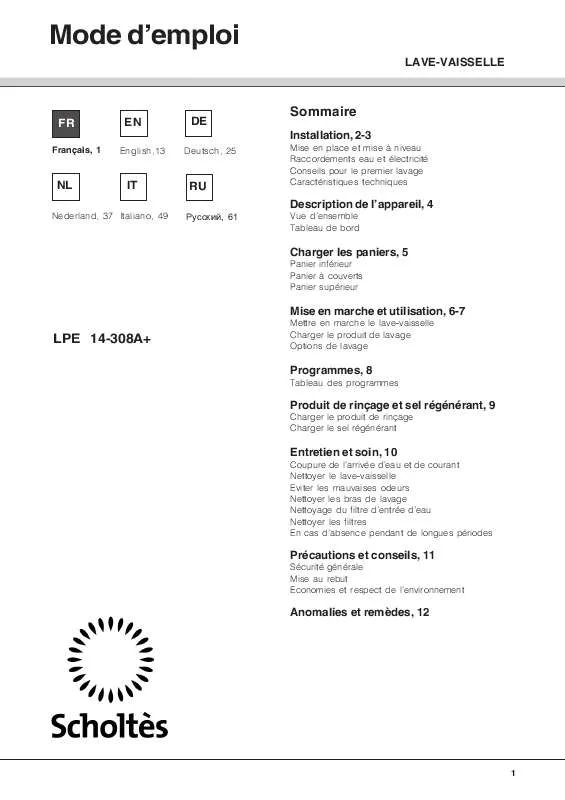 Mode d'emploi SCHOLTES LPE 14-308 IX A