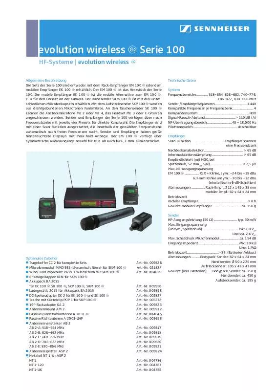 Mode d'emploi SENNHEISER EVOLUTION WIRELESS G2 100