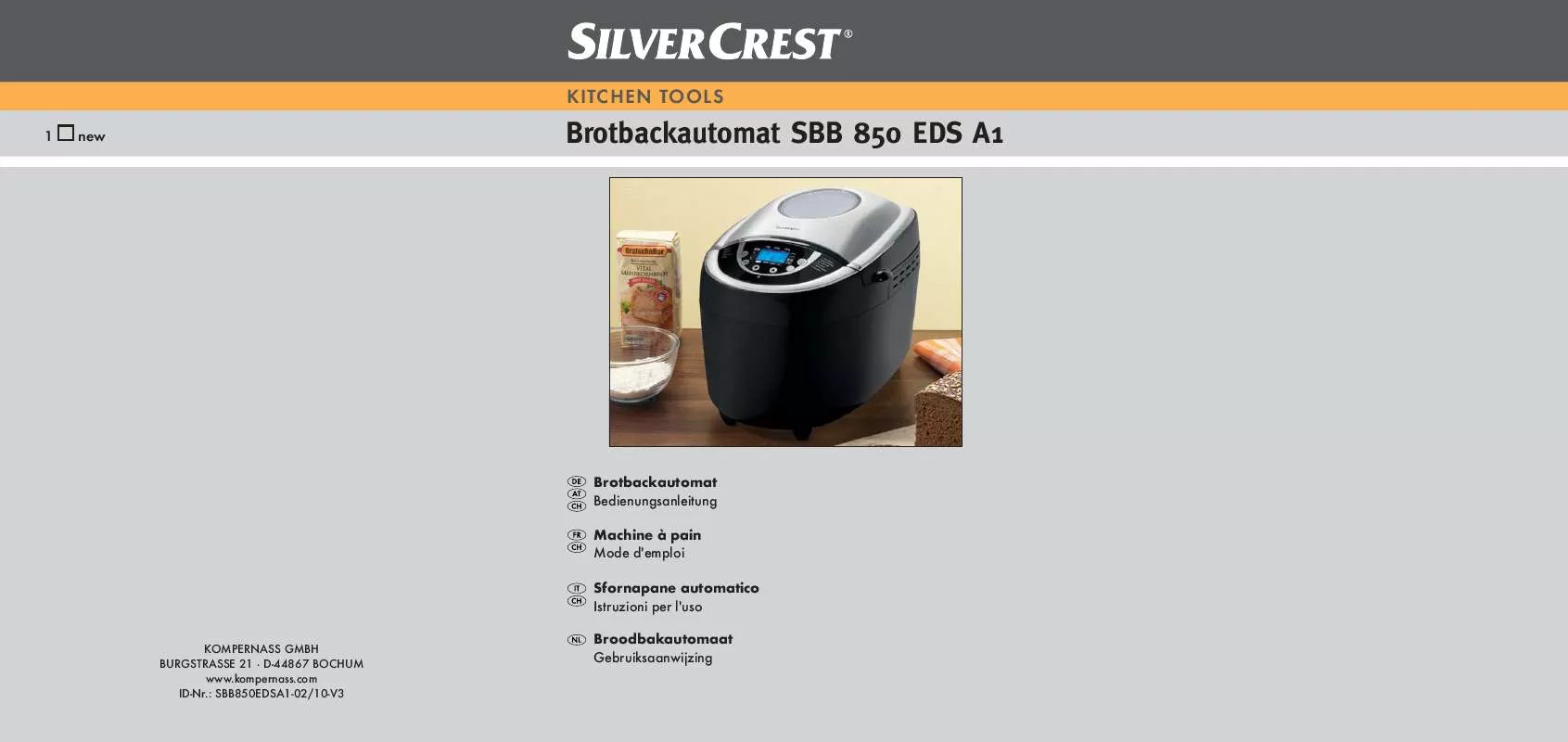 Mode d'emploi SILVERCREST SBB 850 EDS A1 BREAD MAKER