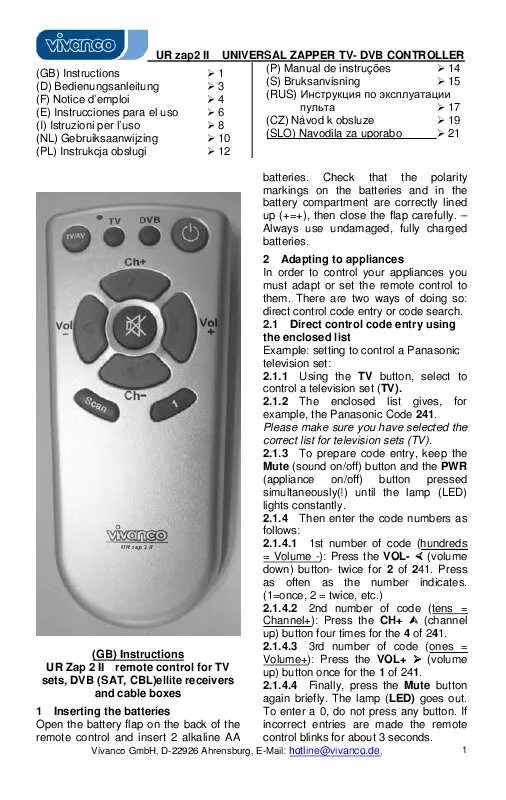 Mode d'emploi VIVANCO 2 IN 1 TVDVB UNIVERSAL REMOTE CONTROL