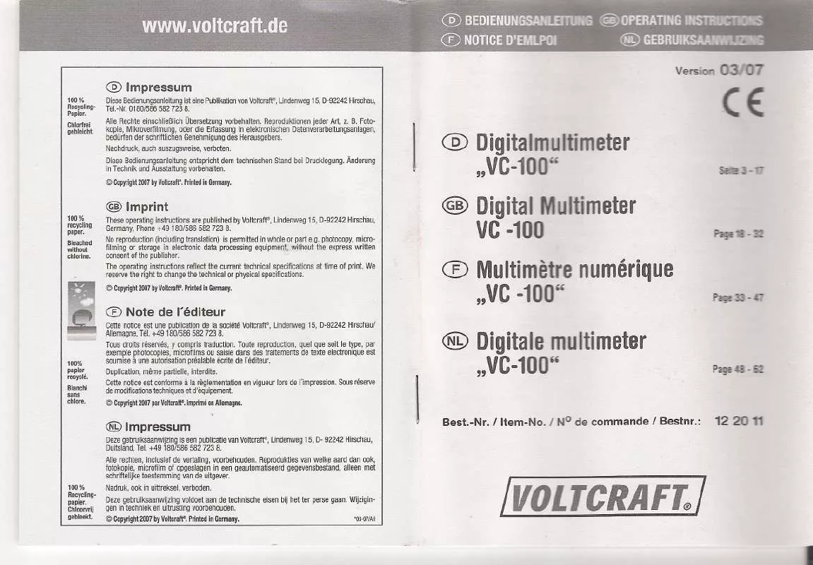 Mode d'emploi VOLTCRAFT VC-100
