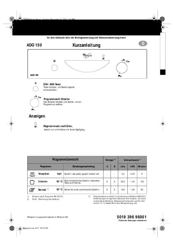 Mode d'emploi WHIRLPOOL ADG 150/1 IN