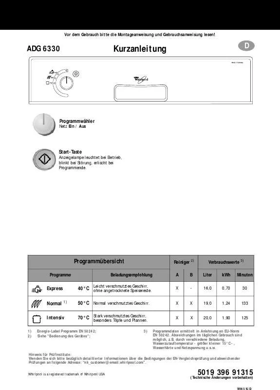 Mode d'emploi WHIRLPOOL ADG 6330/1 ALU