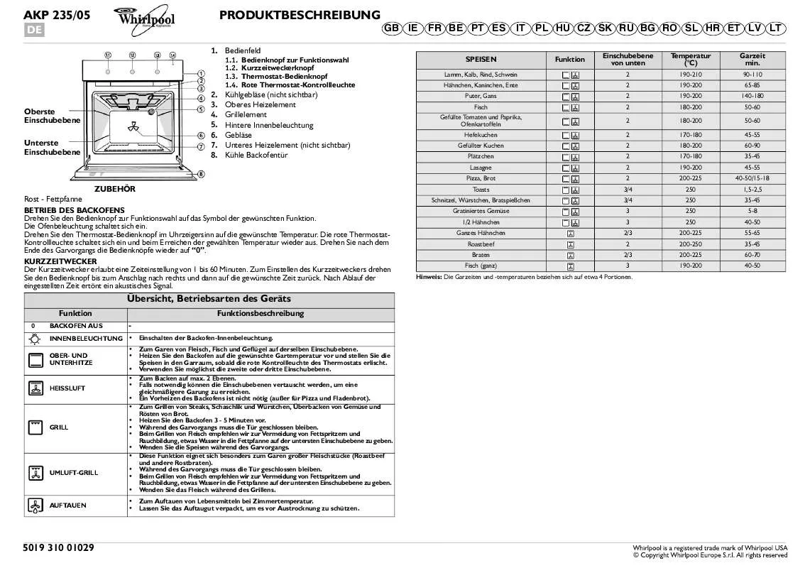 Mode d'emploi WHIRLPOOL AKP 235/05/IX