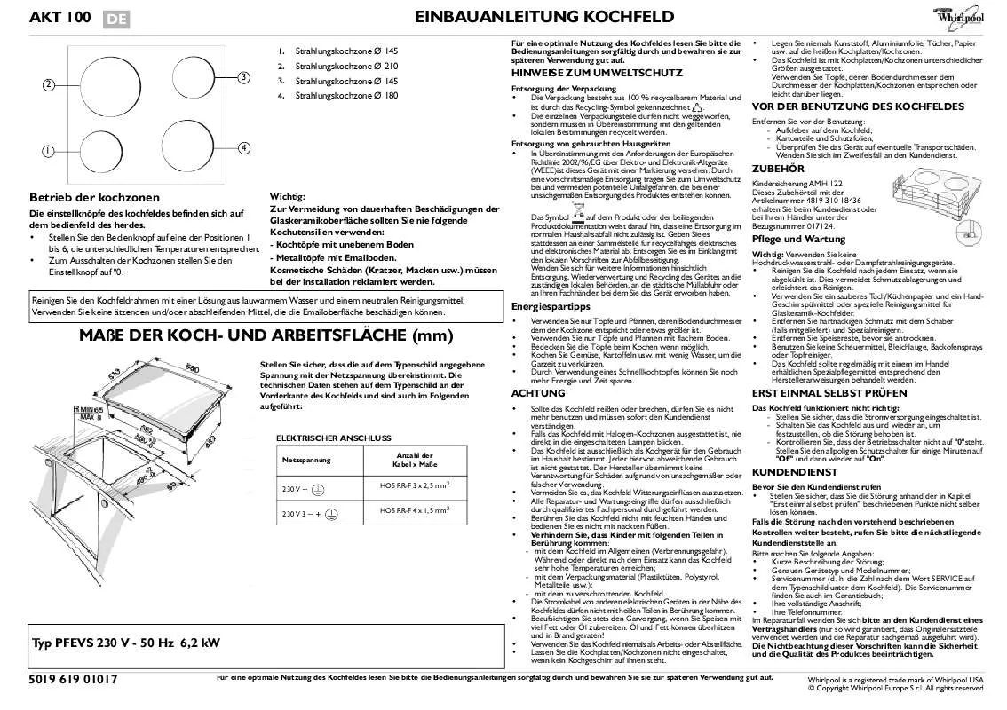 Mode d'emploi WHIRLPOOL AKT 100/NB