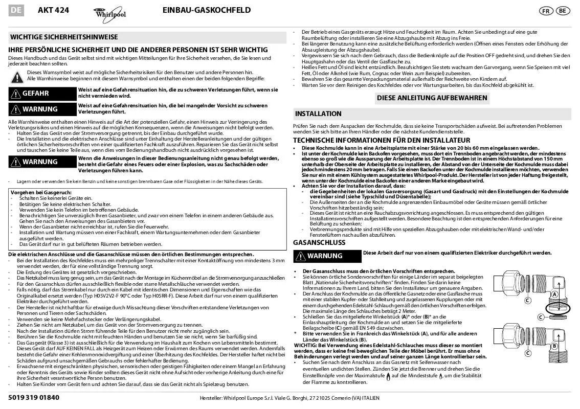 Mode d'emploi WHIRLPOOL AKT 424/NB