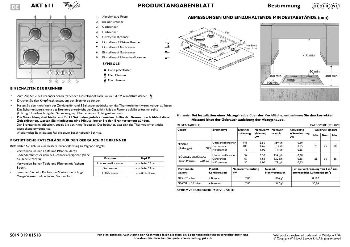 Mode d'emploi WHIRLPOOL AKT 611/IX