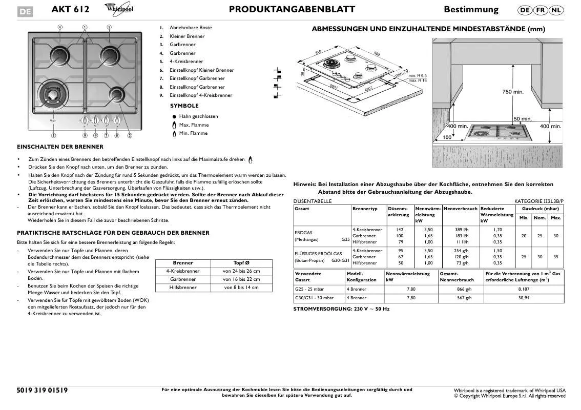 Mode d'emploi WHIRLPOOL AKT 612/IX