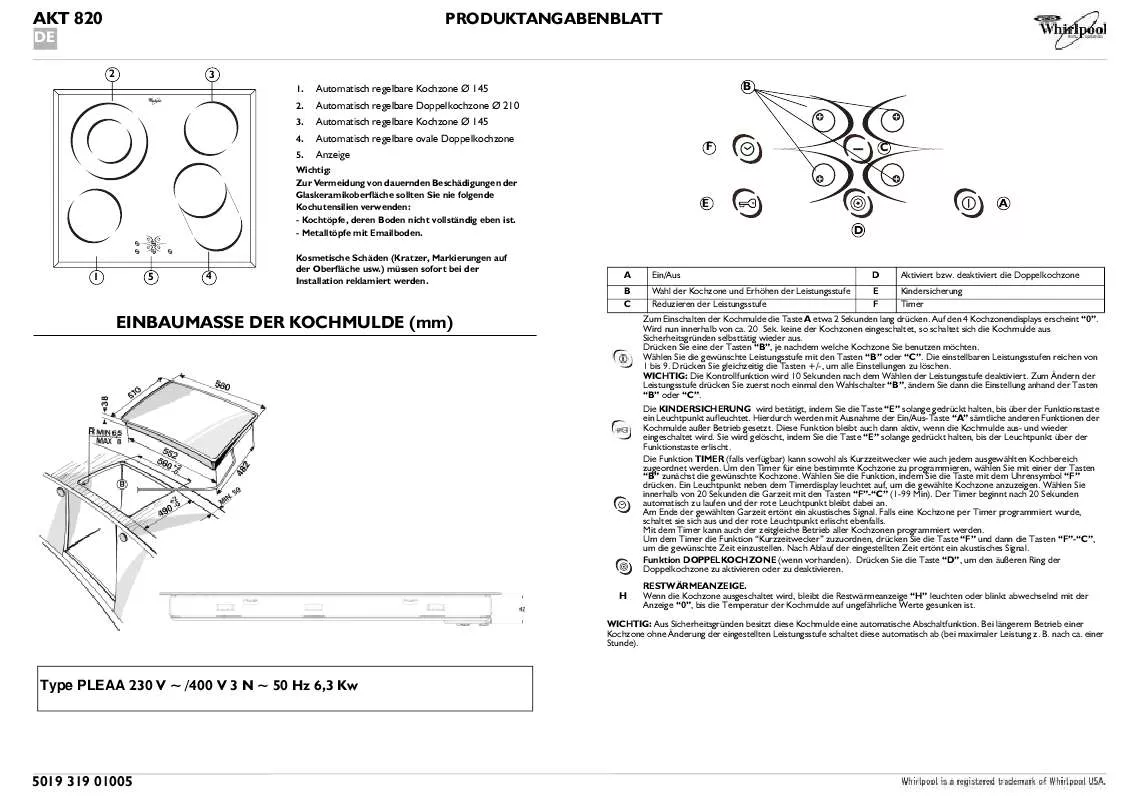 Mode d'emploi WHIRLPOOL AKT 820/IX