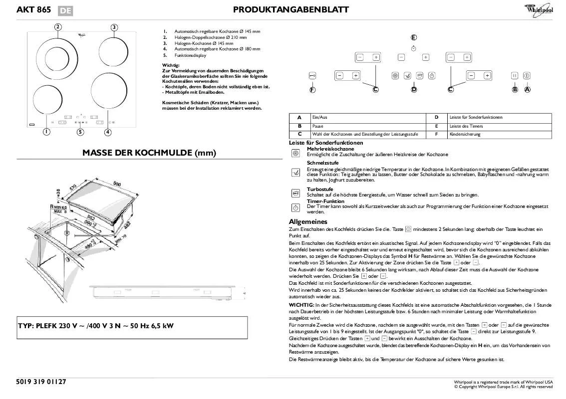 Mode d'emploi WHIRLPOOL AKT 865/BA