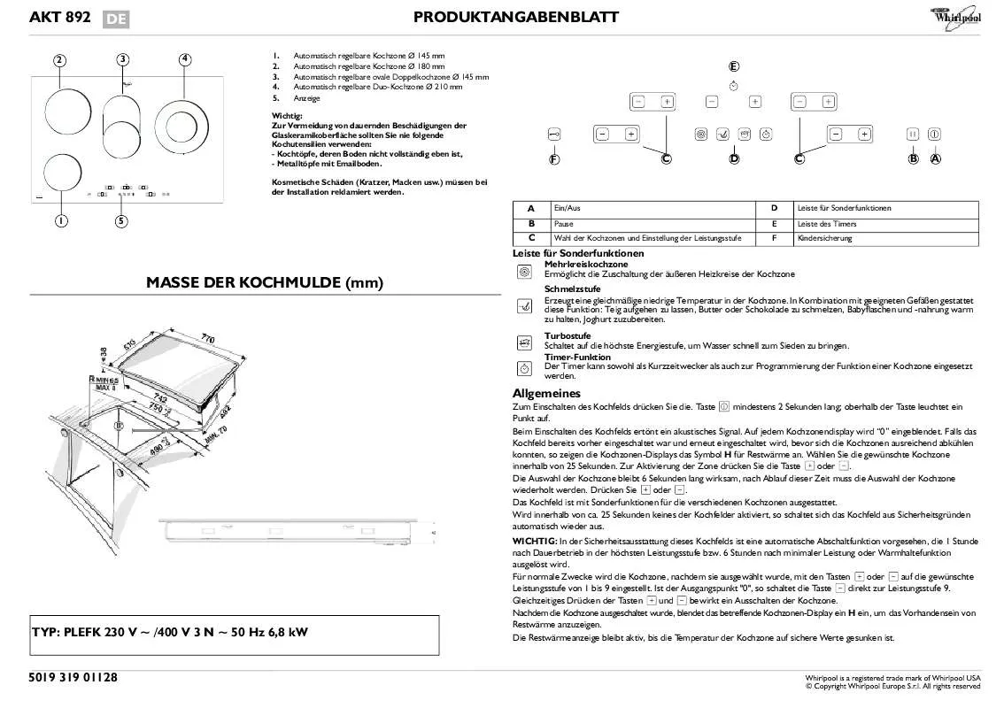 Mode d'emploi WHIRLPOOL AKT 892/IX