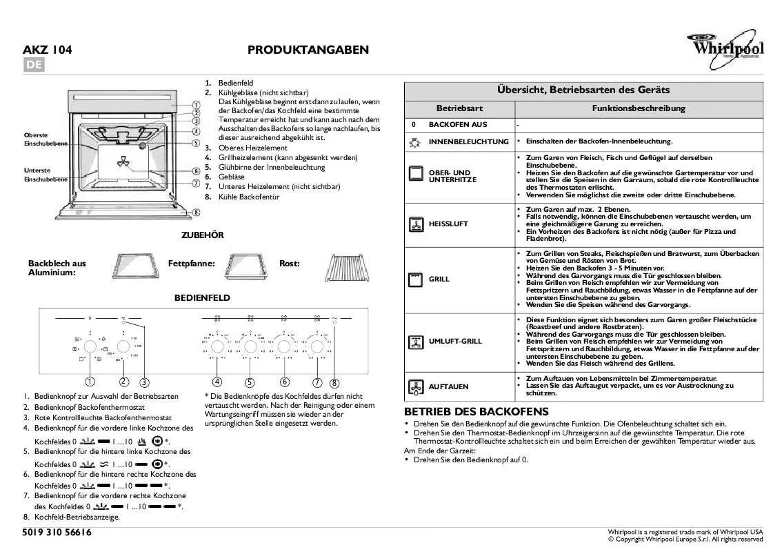 Mode d'emploi WHIRLPOOL AKZ 104/IX